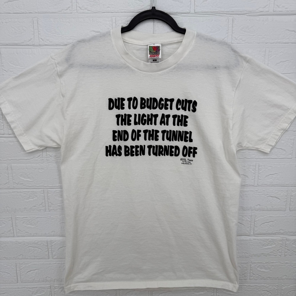 Humor Graphic T-Shirt Mens Large White Budget Cuts Funny Tee
